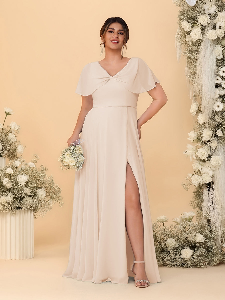 A-Line/Princess V-Neck Short Sleeves Plus Size Bridesmaid Dresses With Side Slit Light Champagne