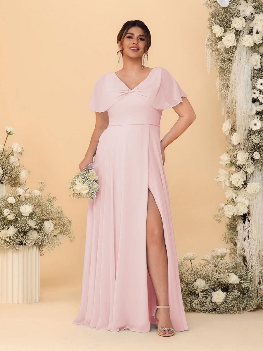 A-Line/Princess V-Neck Short Sleeves Plus Size Bridesmaid Dresses With Side Slit Light Pink