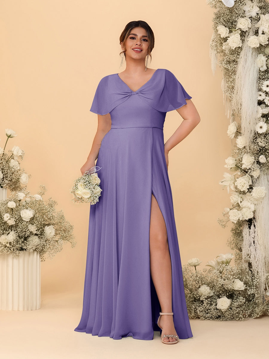 A-Line/Princess V-Neck Short Sleeves Plus Size Bridesmaid Dresses With Side Slit Light Purple