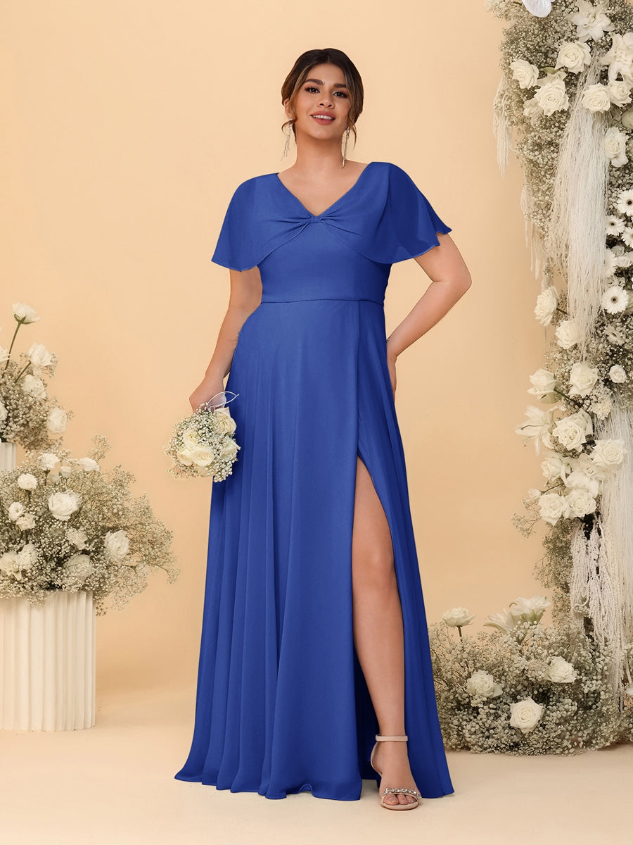 A-Line/Princess V-Neck Short Sleeves Plus Size Bridesmaid Dresses With Side Slit Light Royal Blue