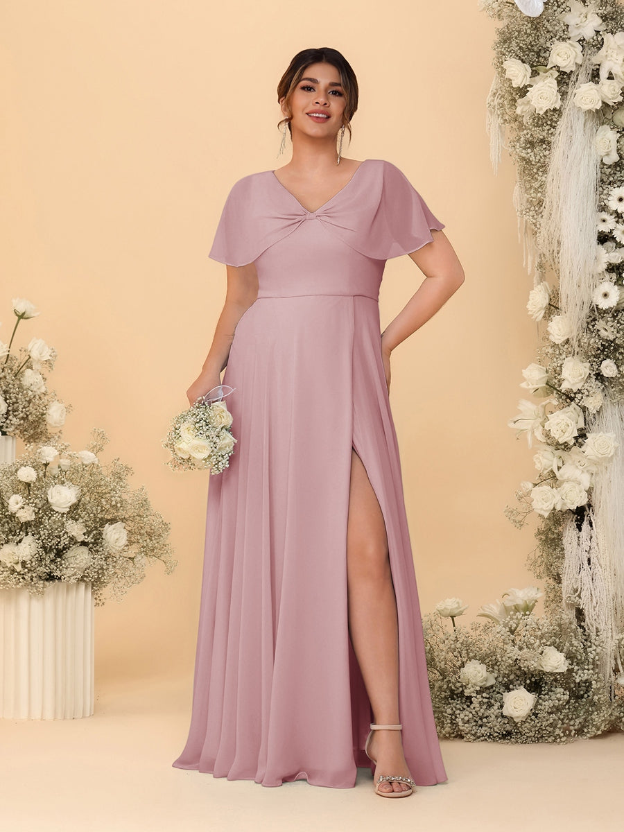 A-Line/Princess V-Neck Short Sleeves Plus Size Bridesmaid Dresses With Side Slit Mauve