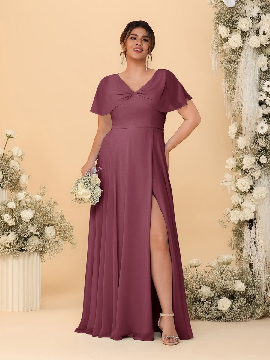 A-Line/Princess V-Neck Short Sleeves Plus Size Bridesmaid Dresses With Side Slit Mulberry
