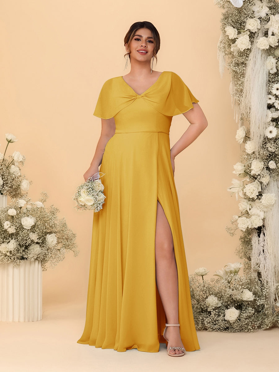 A-Line/Princess V-Neck Short Sleeves Plus Size Bridesmaid Dresses With Side Slit Mustard Yellow