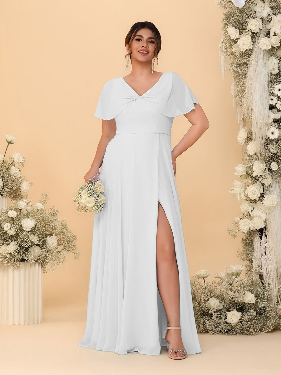 A-Line/Princess V-Neck Short Sleeves Plus Size Bridesmaid Dresses With Side Slit Off White