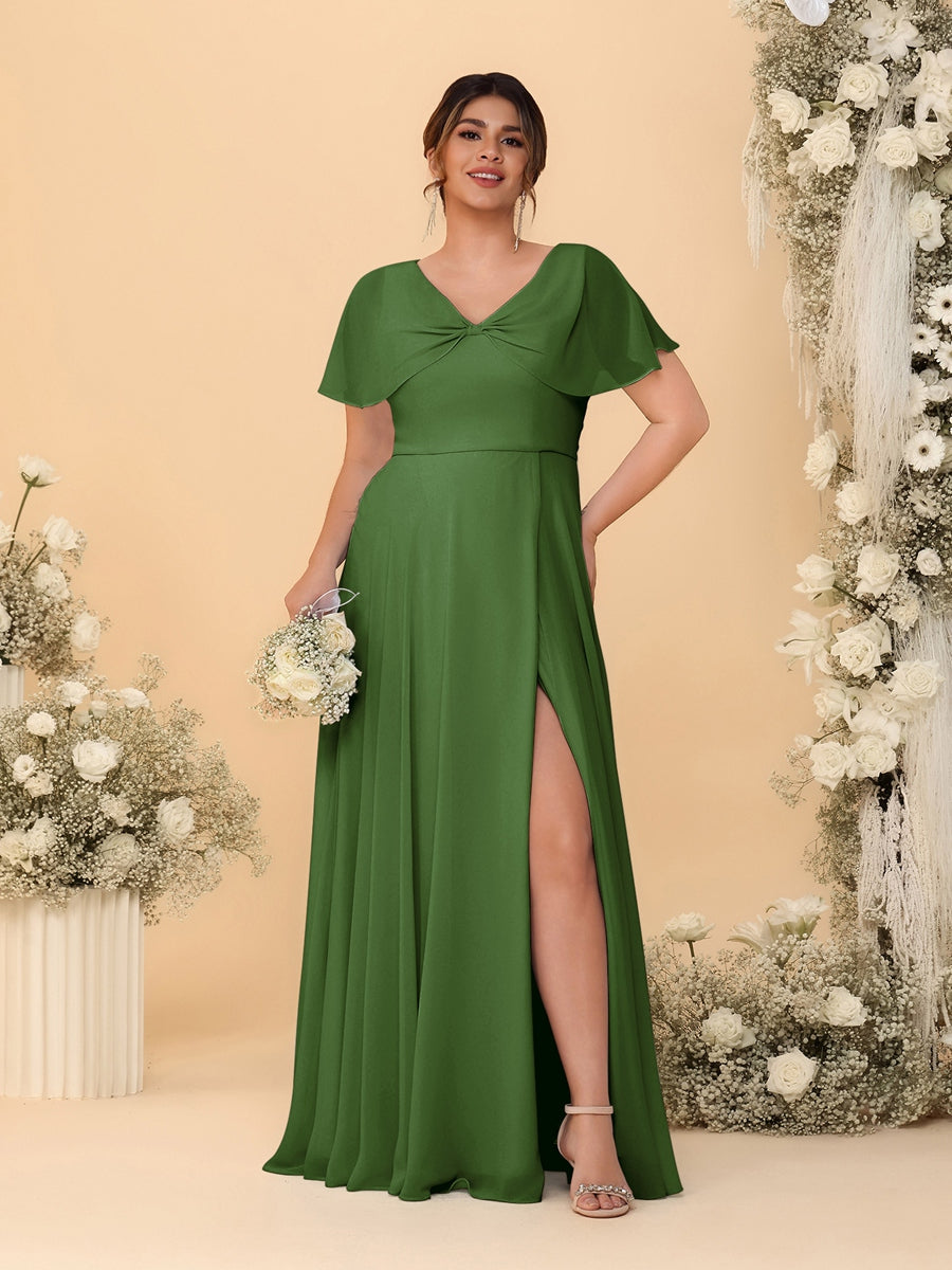A-Line/Princess V-Neck Short Sleeves Plus Size Bridesmaid Dresses With Side Slit Olive Green