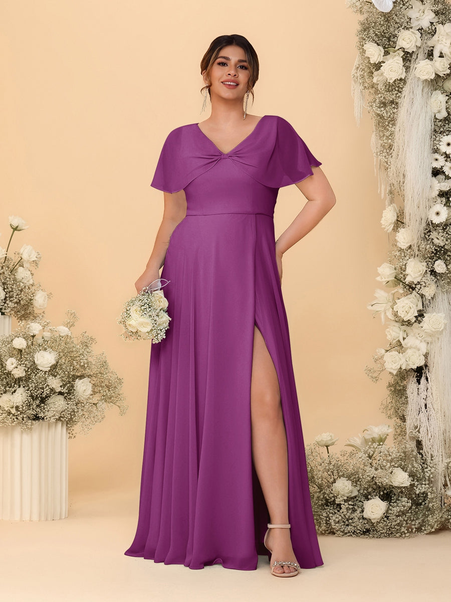 A-Line/Princess V-Neck Short Sleeves Plus Size Bridesmaid Dresses With Side Slit Orchid