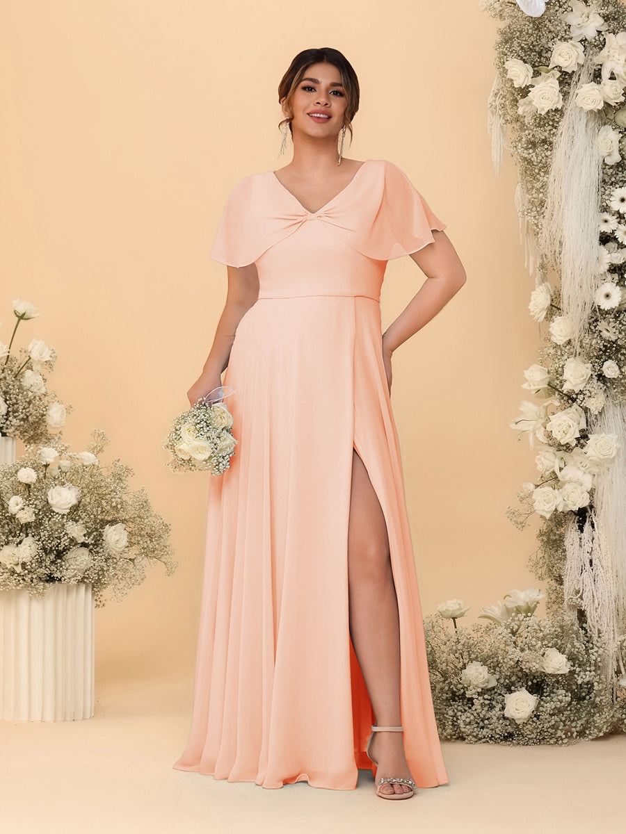 A-Line/Princess V-Neck Short Sleeves Plus Size Bridesmaid Dresses With Side Slit Peach Pink