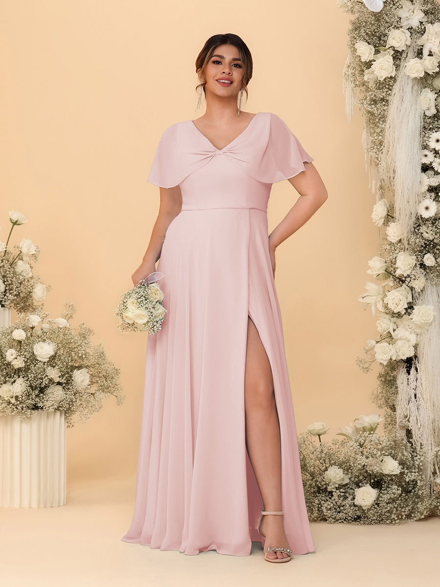 A-Line/Princess V-Neck Short Sleeves Plus Size Bridesmaid Dresses With Side Slit Pearl Pink