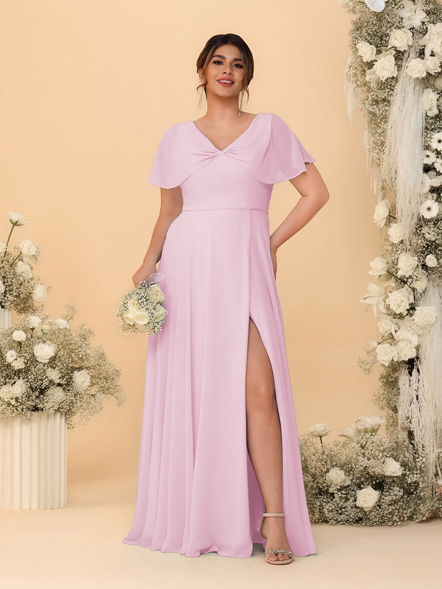 A-Line/Princess V-Neck Short Sleeves Plus Size Bridesmaid Dresses With Side Slit Pink