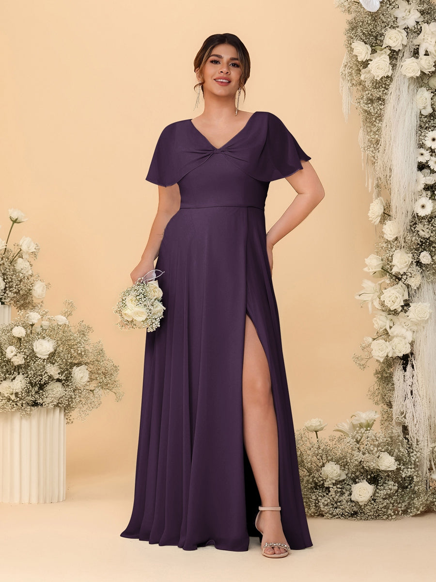 A-Line/Princess V-Neck Short Sleeves Plus Size Bridesmaid Dresses With Side Slit Plum