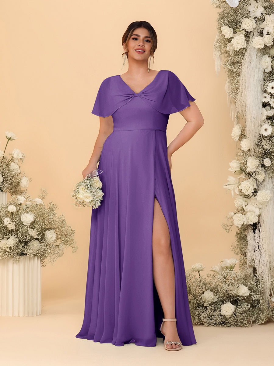 A-Line/Princess V-Neck Short Sleeves Plus Size Bridesmaid Dresses With Side Slit Purple