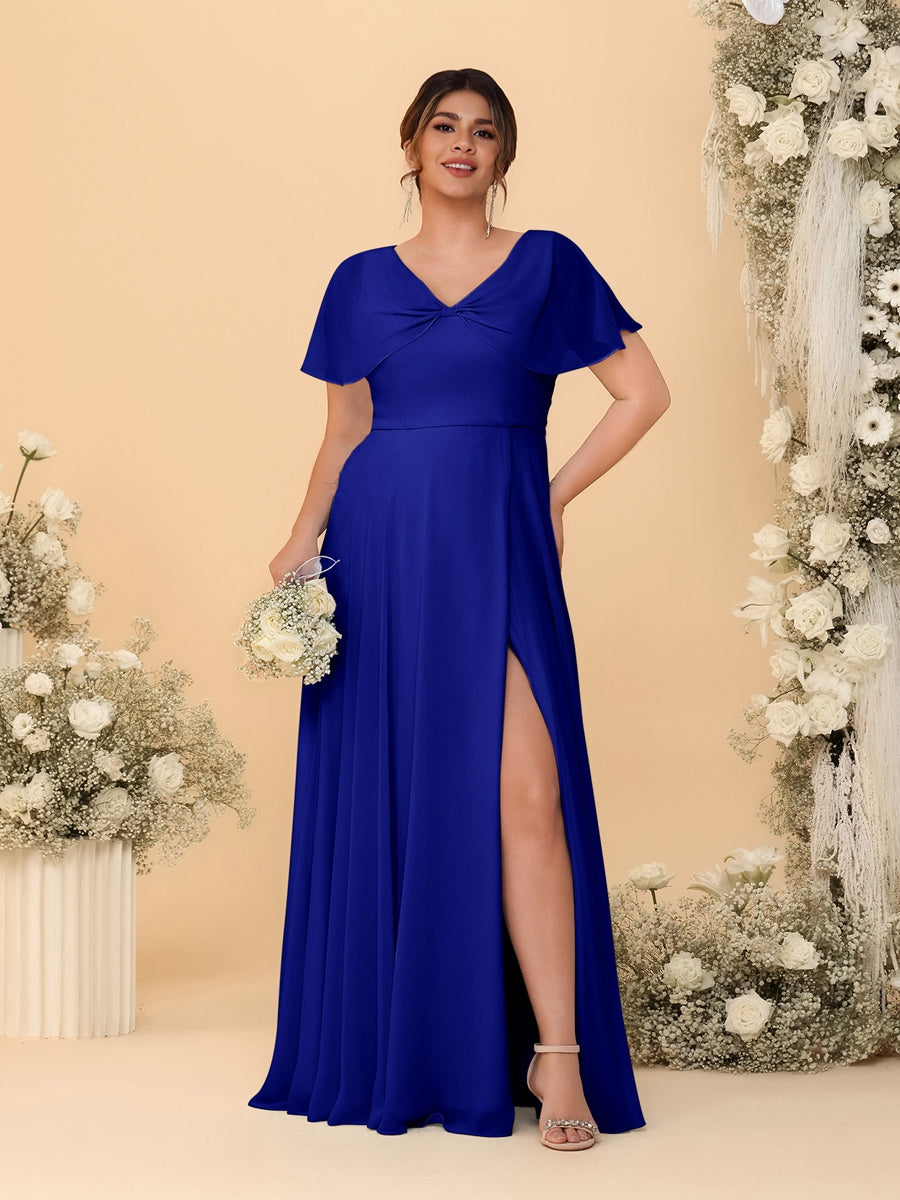 A-Line/Princess V-Neck Short Sleeves Plus Size Bridesmaid Dresses With Side Slit Royal Blue