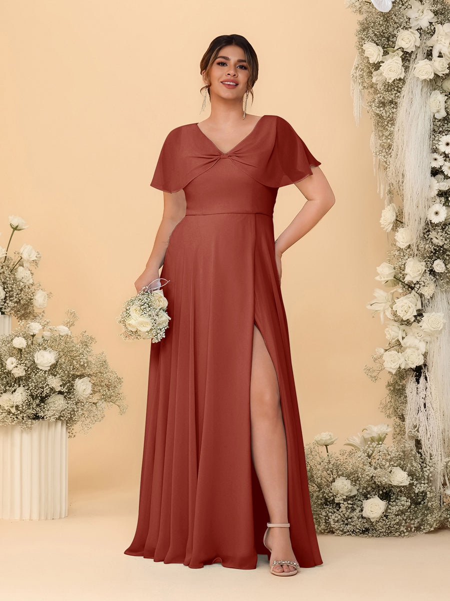 A-Line/Princess V-Neck Short Sleeves Plus Size Bridesmaid Dresses With Side Slit Rust