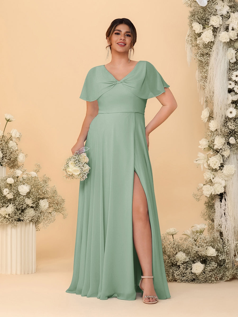 A-Line/Princess V-Neck Short Sleeves Plus Size Bridesmaid Dresses With Side Slit Sage