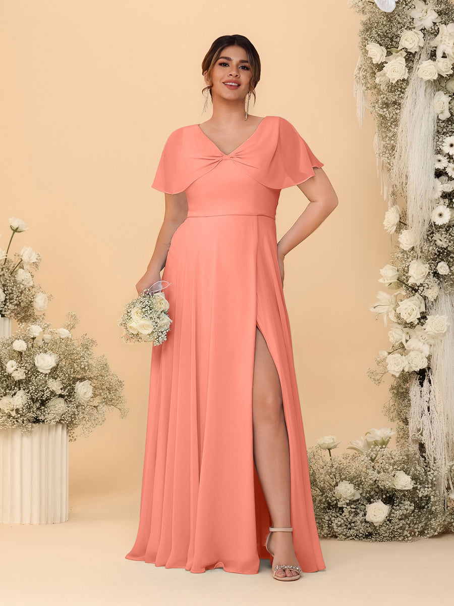 A-Line/Princess V-Neck Short Sleeves Plus Size Bridesmaid Dresses With Side Slit Salmon