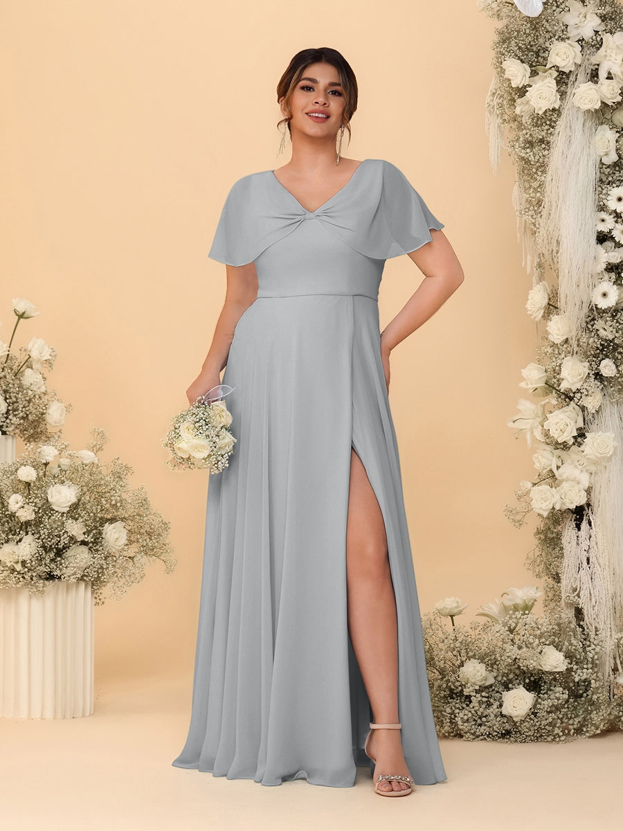A-Line/Princess V-Neck Short Sleeves Plus Size Bridesmaid Dresses With Side Slit Silver