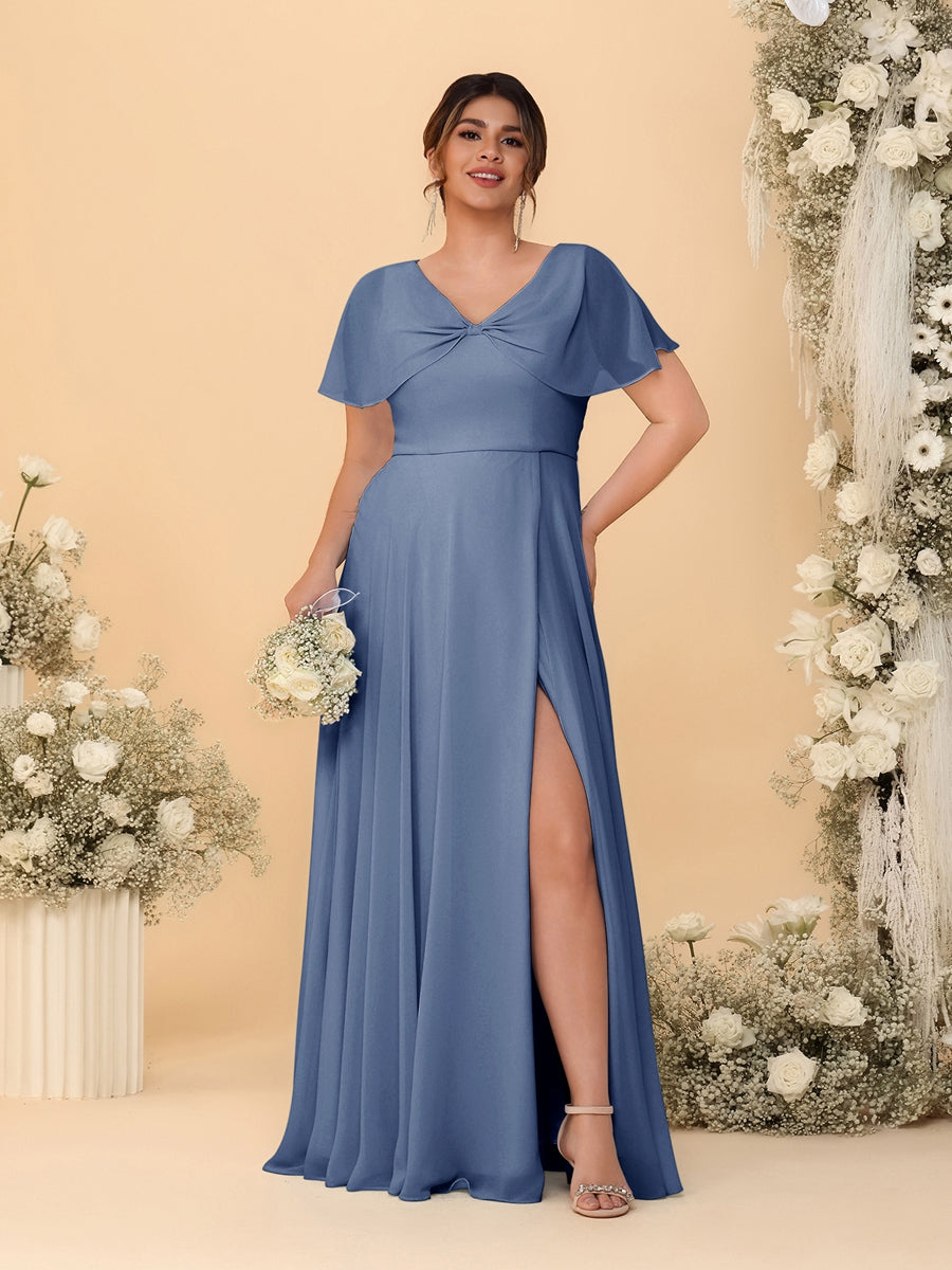A-Line/Princess V-Neck Short Sleeves Plus Size Bridesmaid Dresses With Side Slit Steel Blue
