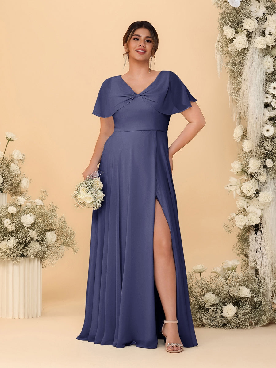 A-Line/Princess V-Neck Short Sleeves Plus Size Bridesmaid Dresses With Side Slit Stormy Blue