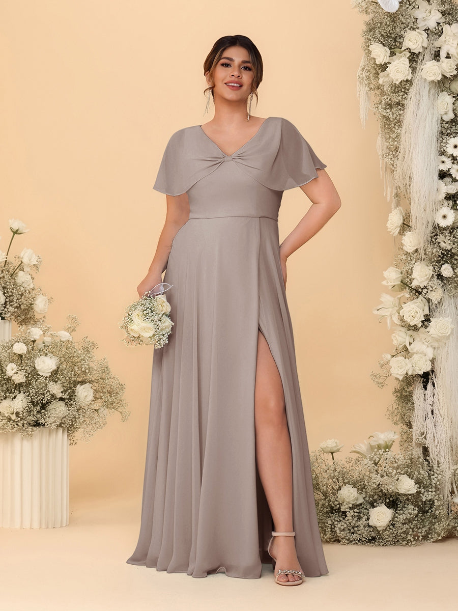 A-Line/Princess V-Neck Short Sleeves Plus Size Bridesmaid Dresses With Side Slit Taupe