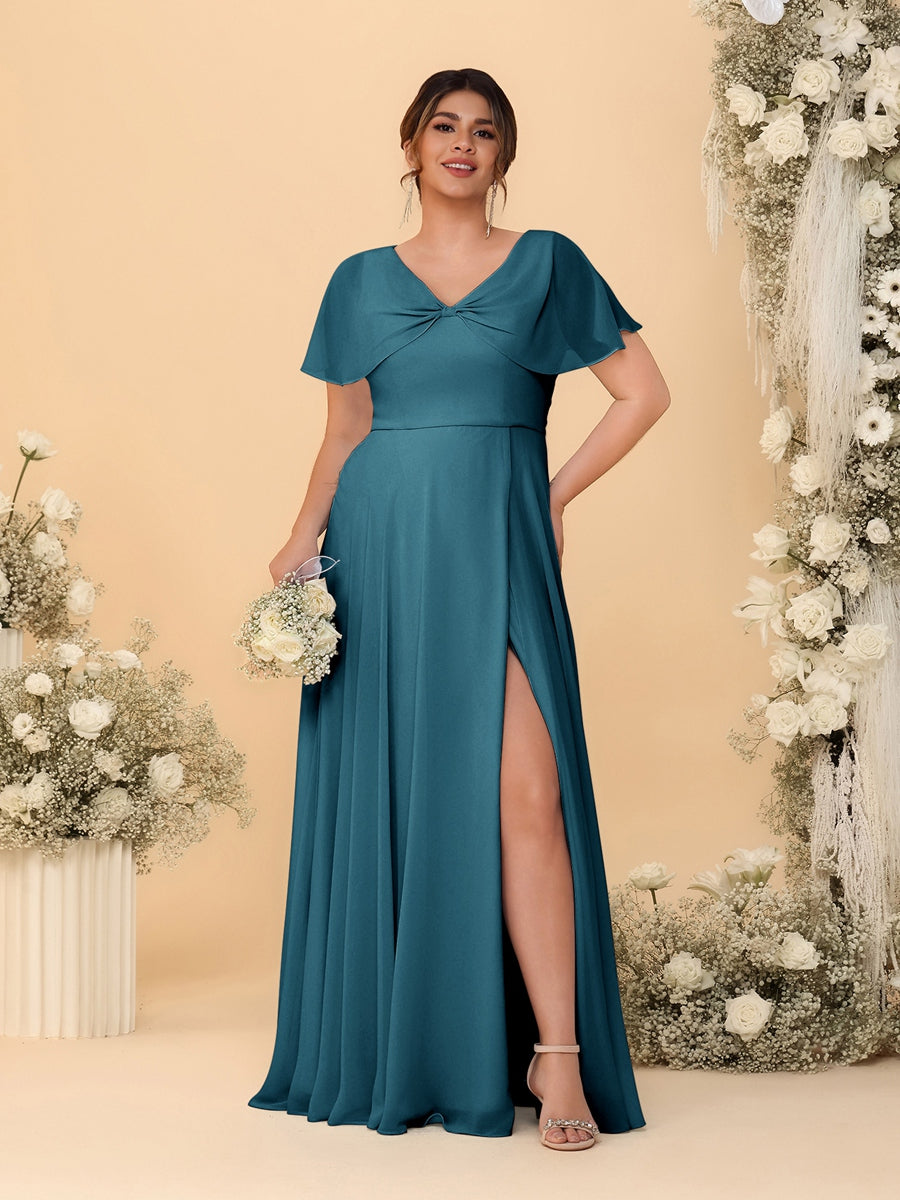 A-Line/Princess V-Neck Short Sleeves Plus Size Bridesmaid Dresses With Side Slit Teal