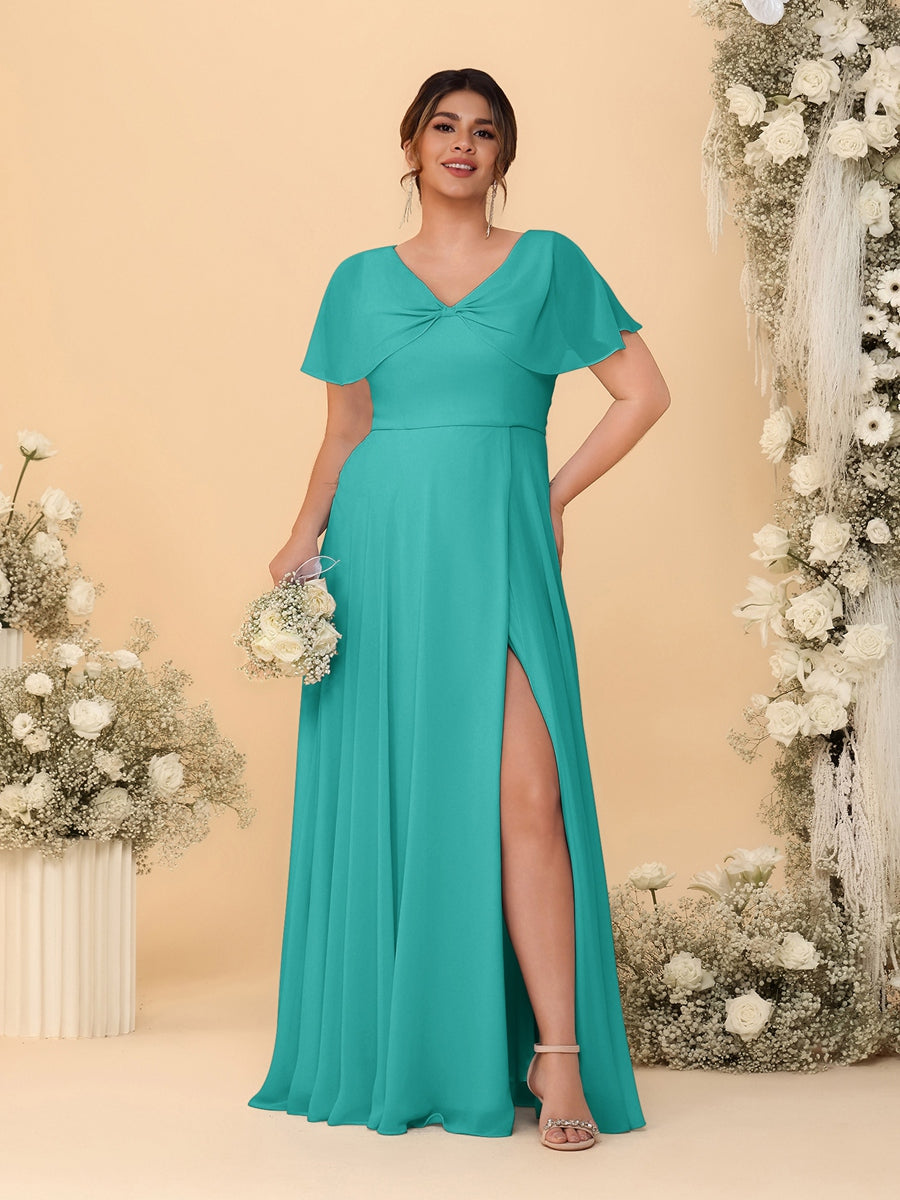 A-Line/Princess V-Neck Short Sleeves Plus Size Bridesmaid Dresses With Side Slit Turquoise