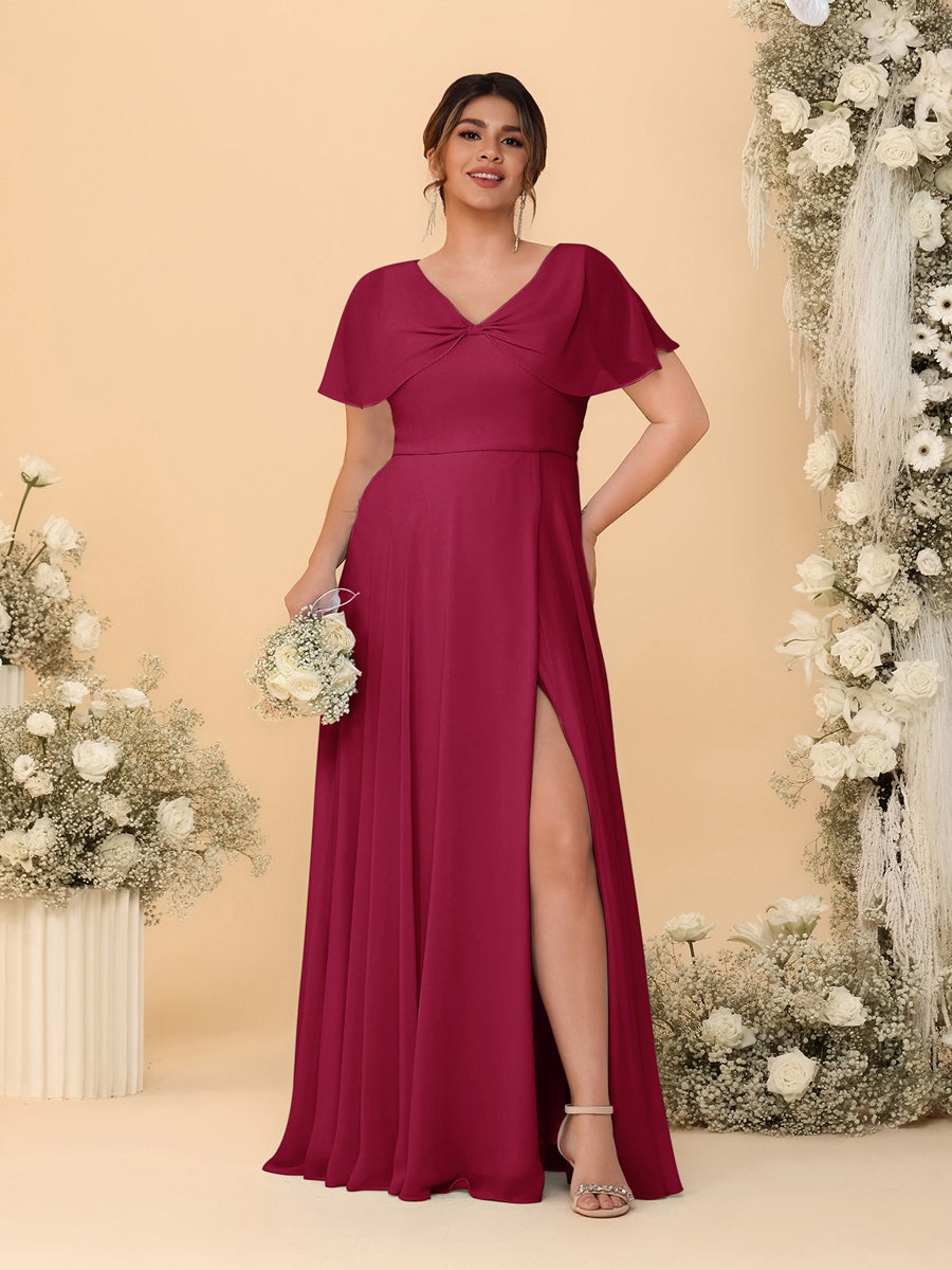 A-Line/Princess V-Neck Short Sleeves Plus Size Bridesmaid Dresses With Side Slit Wine Red