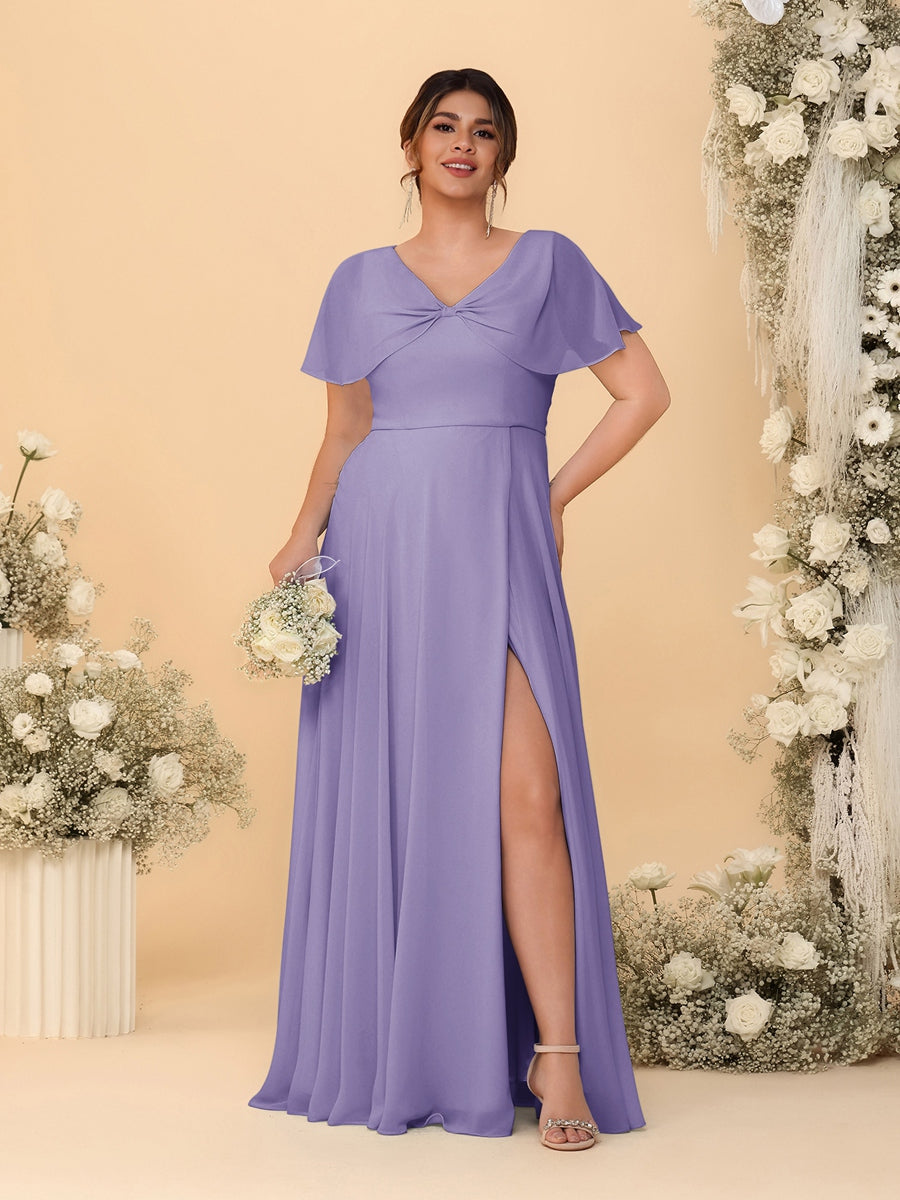 A-Line/Princess V-Neck Short Sleeves Plus Size Bridesmaid Dresses With Side Slit Wisteria