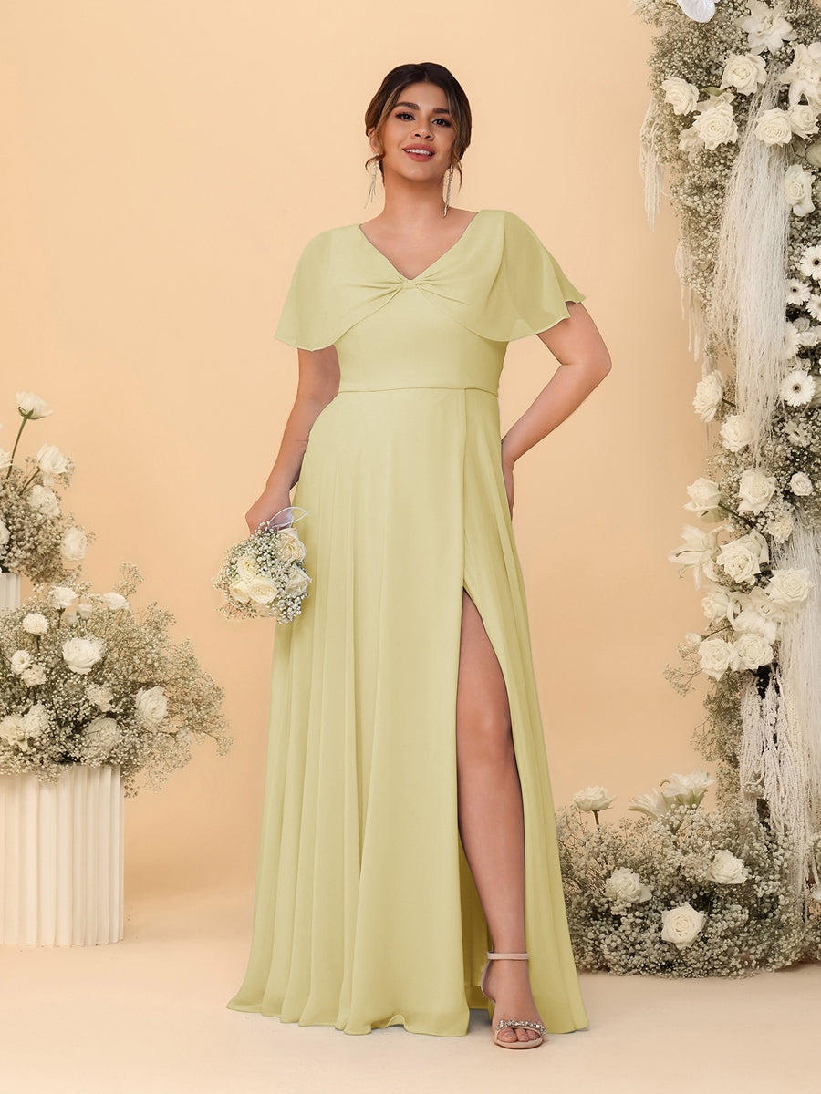 A-Line/Princess V-Neck Short Sleeves Plus Size Bridesmaid Dresses With Side Slit Yellow