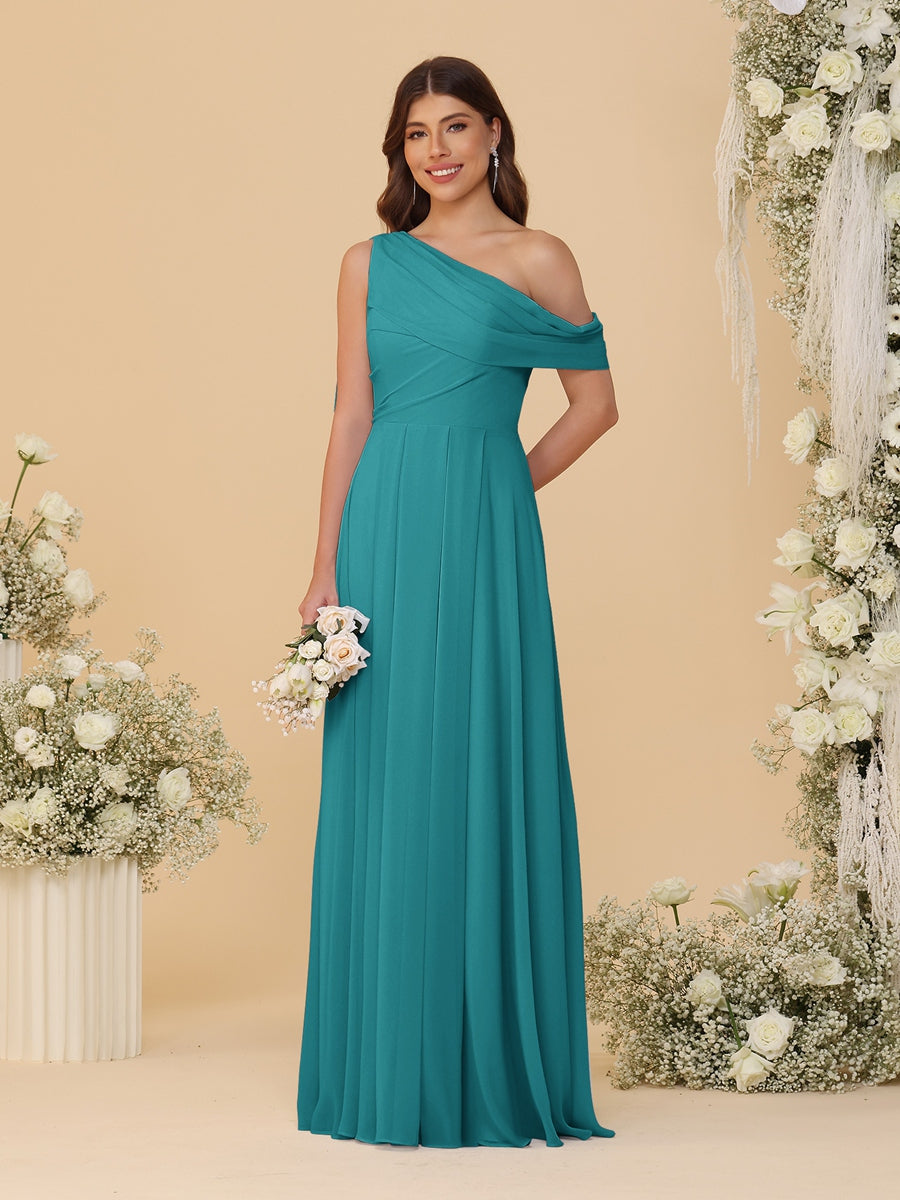 A-Line/Princess One-Shoulder Floor-Length Bridesmaid Dresses With Watteau Train Aqua Blue
