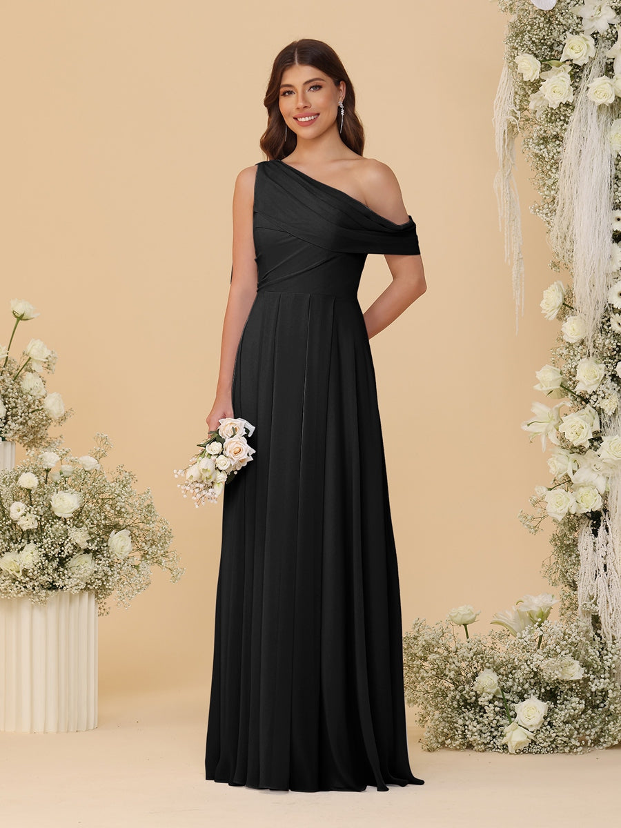 A-Line/Princess One-Shoulder Floor-Length Bridesmaid Dresses With Watteau Train Black
