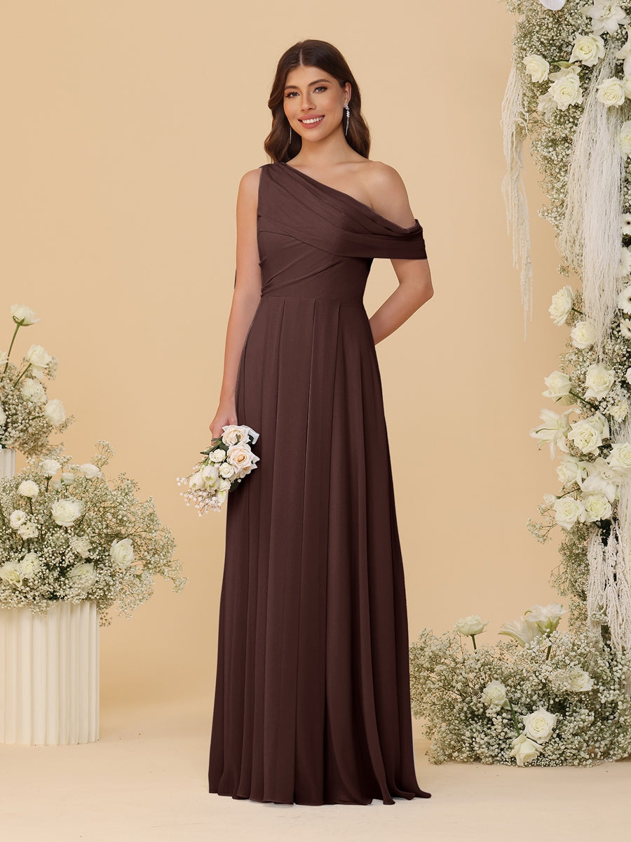 A-Line/Princess One-Shoulder Floor-Length Bridesmaid Dresses With Watteau Train Brown