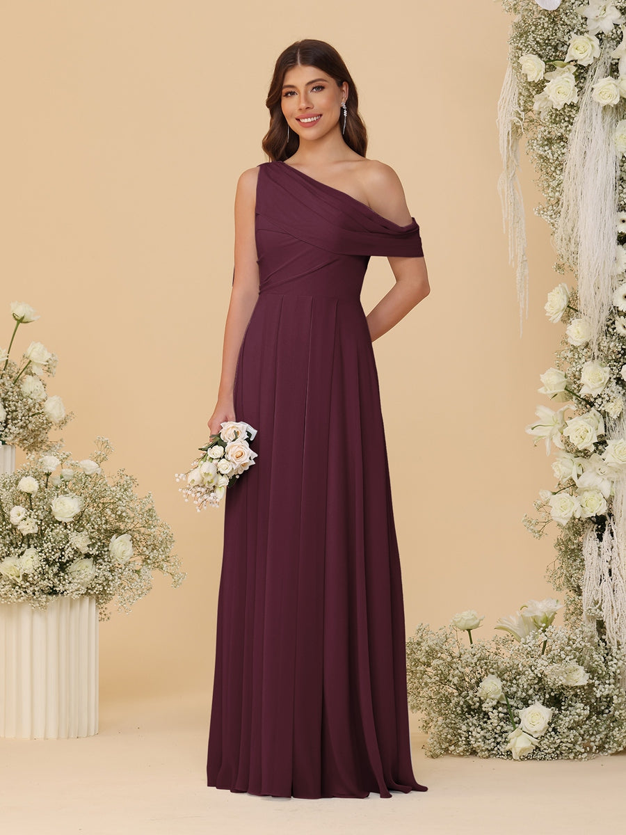 A-Line/Princess One-Shoulder Floor-Length Bridesmaid Dresses With Watteau Train Burgundy