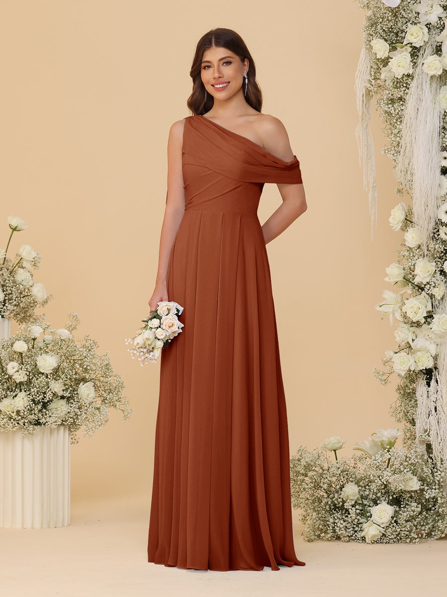 A-Line/Princess One-Shoulder Floor-Length Bridesmaid Dresses With Watteau Train Burnt Orange