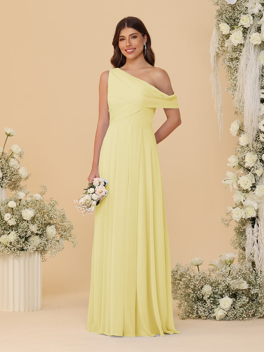 A-Line/Princess One-Shoulder Floor-Length Bridesmaid Dresses With Watteau Train Canary
