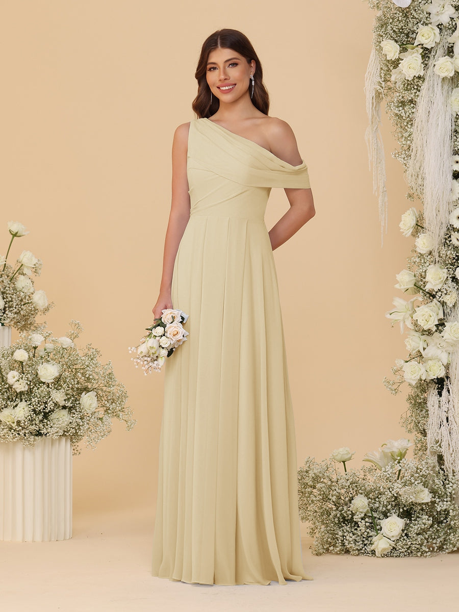 A-Line/Princess One-Shoulder Floor-Length Bridesmaid Dresses With Watteau Train Champagne