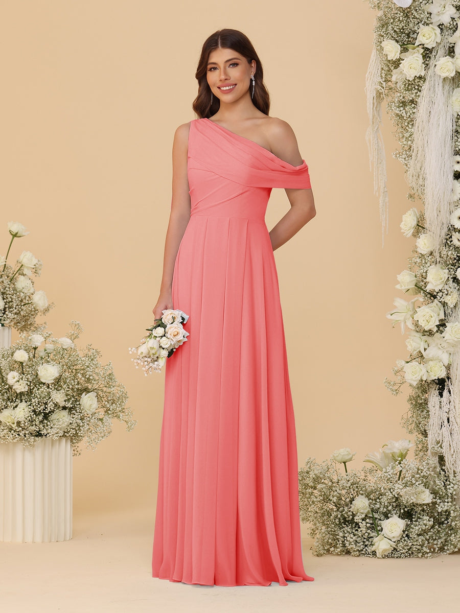 A-Line/Princess One-Shoulder Floor-Length Bridesmaid Dresses With Watteau Train Coral