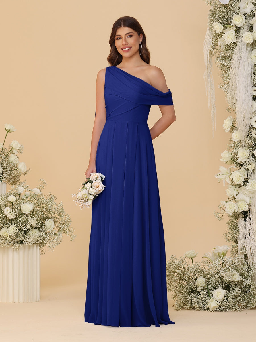 A-Line/Princess One-Shoulder Floor-Length Bridesmaid Dresses With Watteau Train Dark Royal Blue