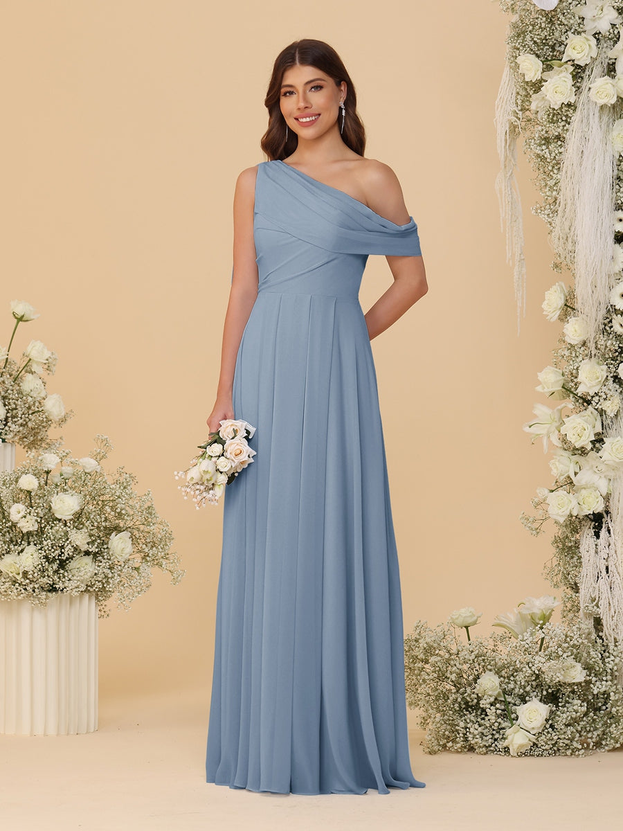 A-Line/Princess One-Shoulder Floor-Length Bridesmaid Dresses With Watteau Train Dusty Blue