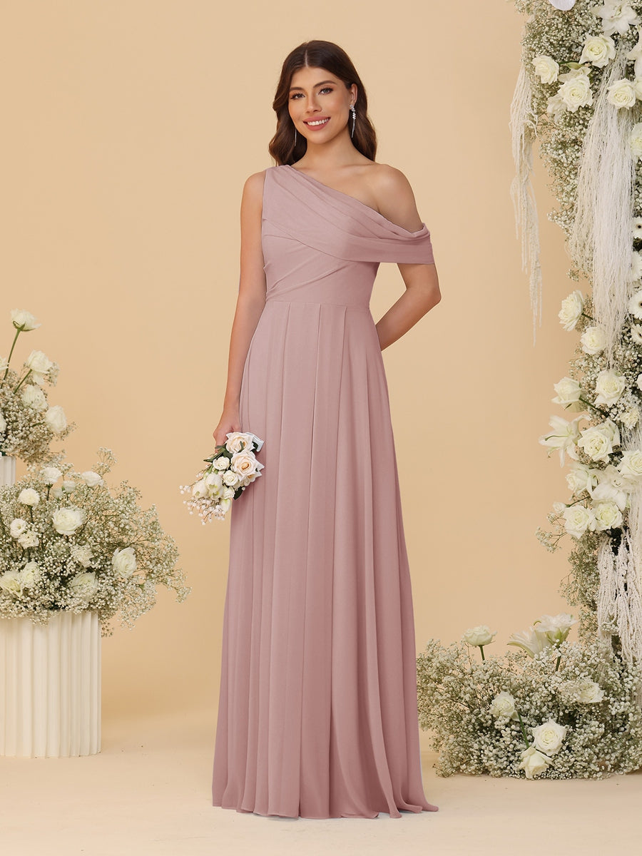 A-Line/Princess One-Shoulder Floor-Length Bridesmaid Dresses With Watteau Train Dusty Pink