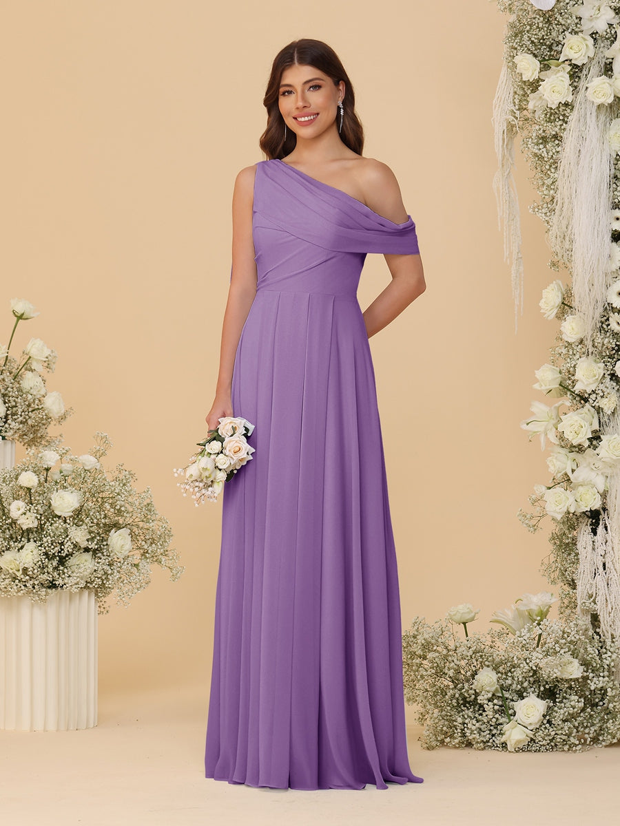A-Line/Princess One-Shoulder Floor-Length Bridesmaid Dresses With Watteau Train Dusty Purple