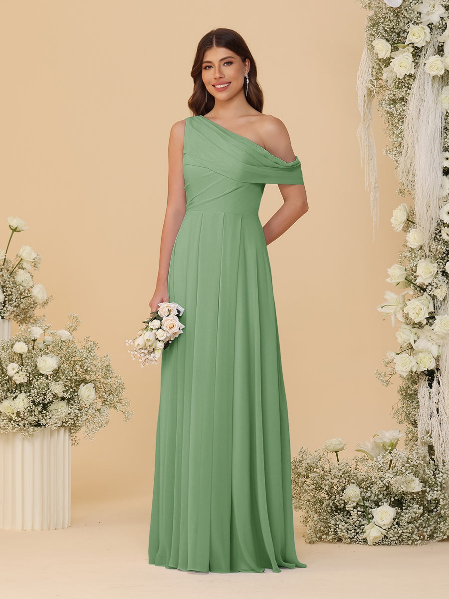 A-Line/Princess One-Shoulder Floor-Length Bridesmaid Dresses With Watteau Train Dusty Sage