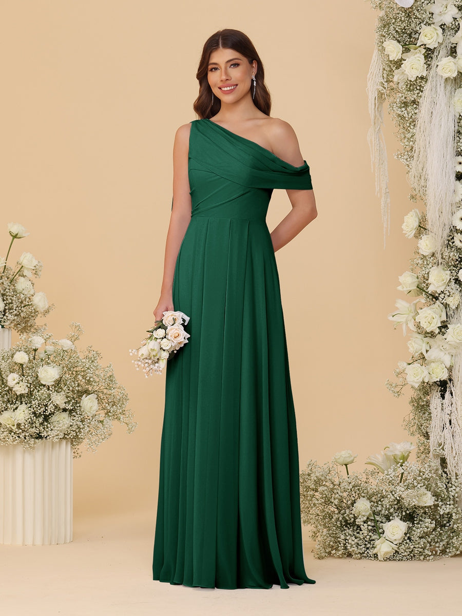 A-Line/Princess One-Shoulder Floor-Length Bridesmaid Dresses With Watteau Train Emerald
