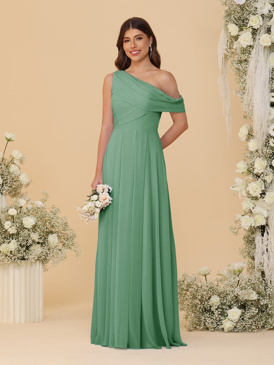 A-Line/Princess One-Shoulder Floor-Length Bridesmaid Dresses With Watteau Train Eucalyptus