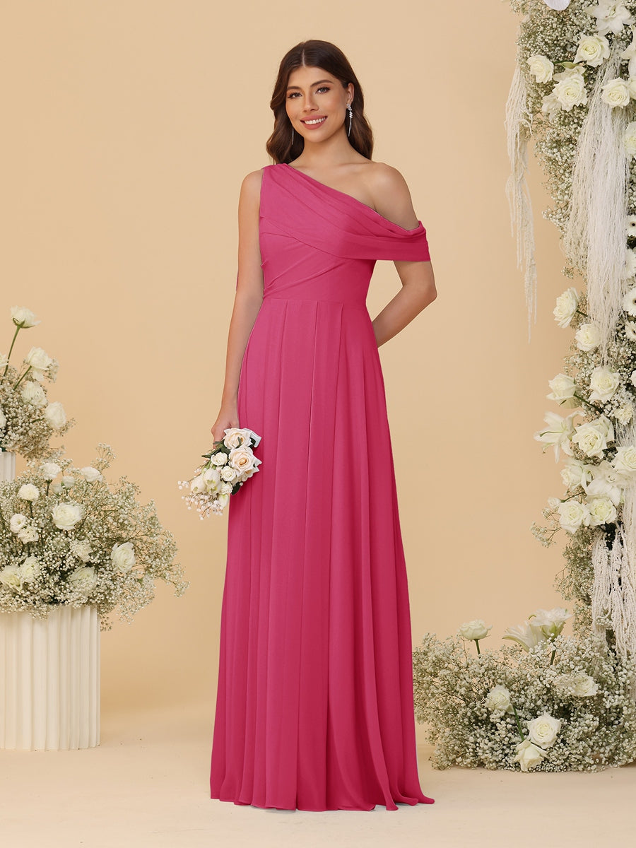 A-Line/Princess One-Shoulder Floor-Length Bridesmaid Dresses With Watteau Train Fuchsia