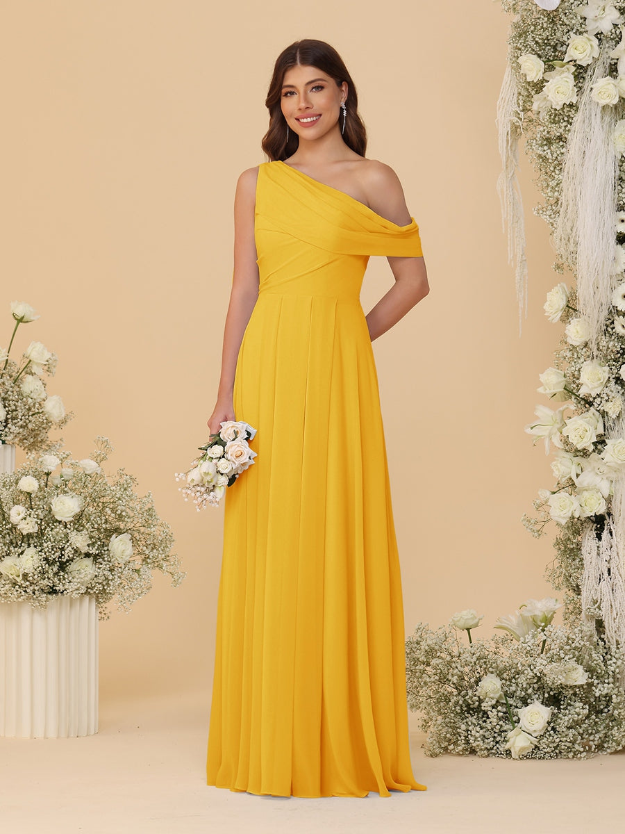 A-Line/Princess One-Shoulder Floor-Length Bridesmaid Dresses With Watteau Train Gold