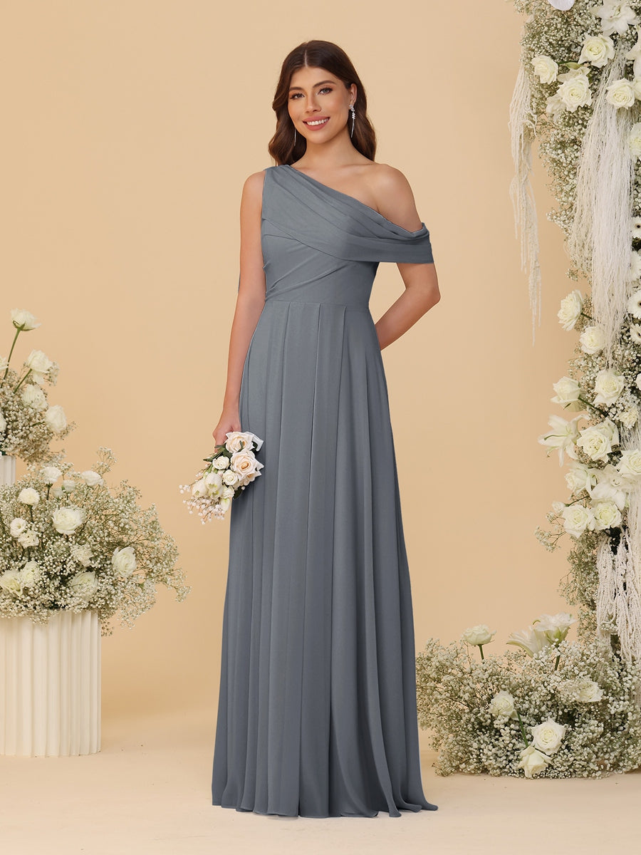 A-Line/Princess One-Shoulder Floor-Length Bridesmaid Dresses With Watteau Train Gray