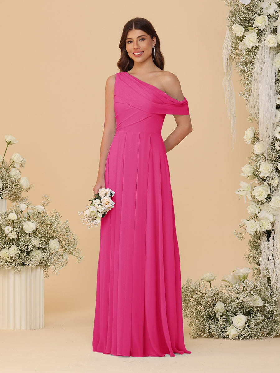 A-Line/Princess One-Shoulder Floor-Length Bridesmaid Dresses With Watteau Train Hot Pink