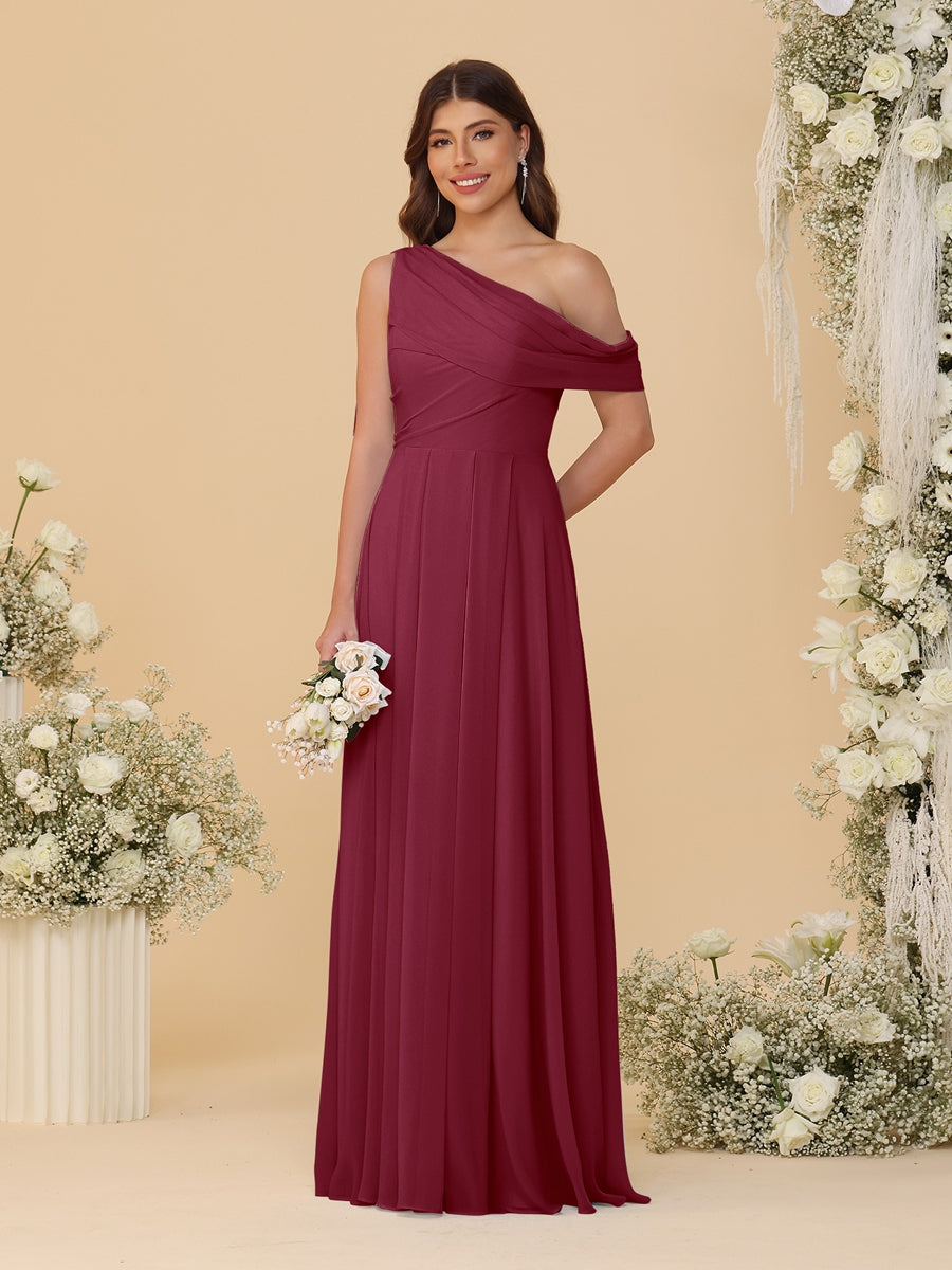 A-Line/Princess One-Shoulder Floor-Length Bridesmaid Dresses With Watteau Train Light Burgundy