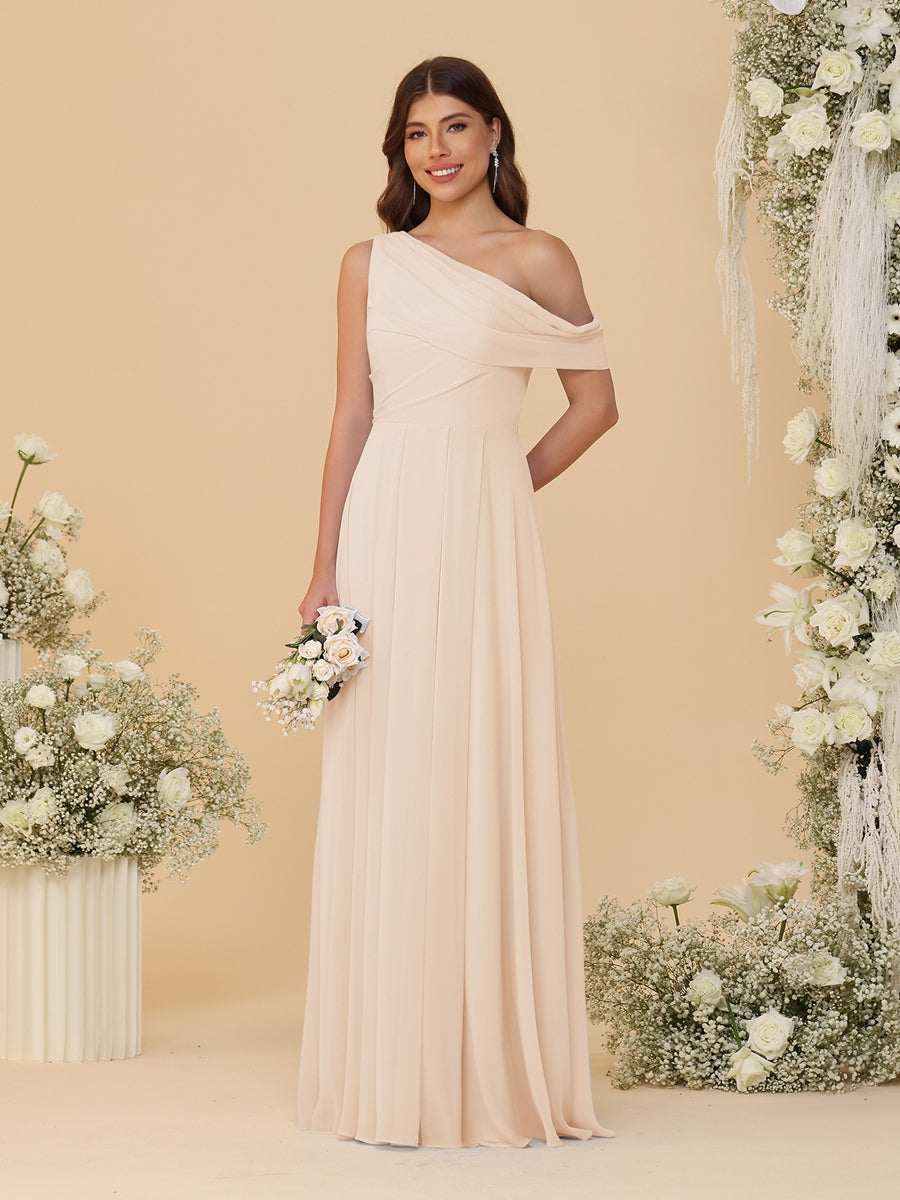 A-Line/Princess One-Shoulder Floor-Length Bridesmaid Dresses With Watteau Train Light Champagne