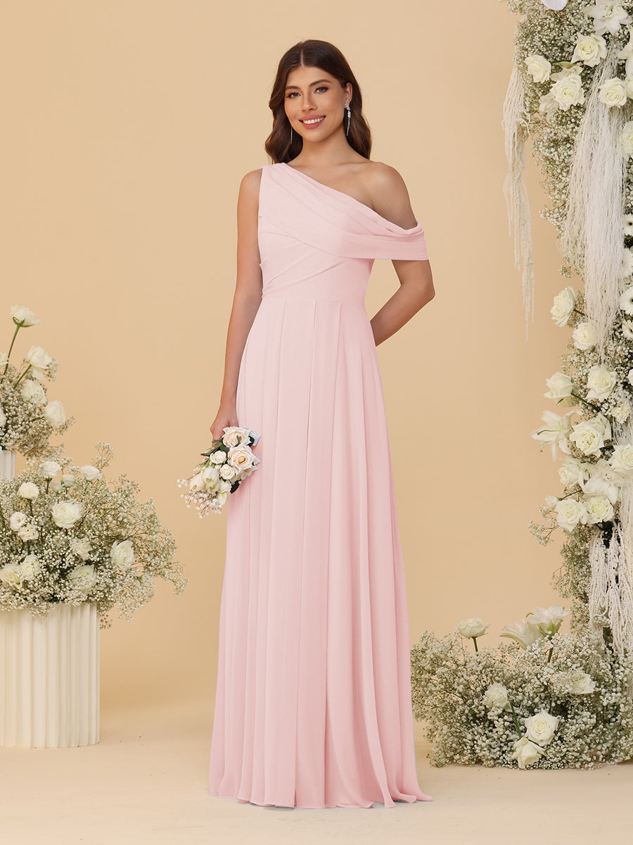 A-Line/Princess One-Shoulder Floor-Length Bridesmaid Dresses With Watteau Train Light Pink
